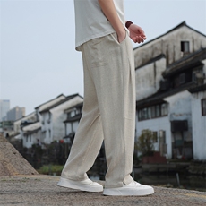 2025春夏新款时尚长裤子青年日系宽松棉麻透气休闲裤2407-P65，男装休闲裤，电商A008