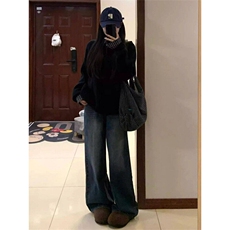 一整套穿搭韩系复古黑色V领套头针织衫毛衣女学生+蓝色格纹衬衫潮，女装针织衫/毛衣，星座506A