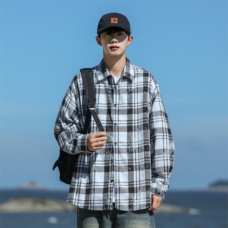 25年春季格子衬衫长袖大码宽松落肩现货DS-C323-1-2387-特批35,男装衬衫,电商C323-1