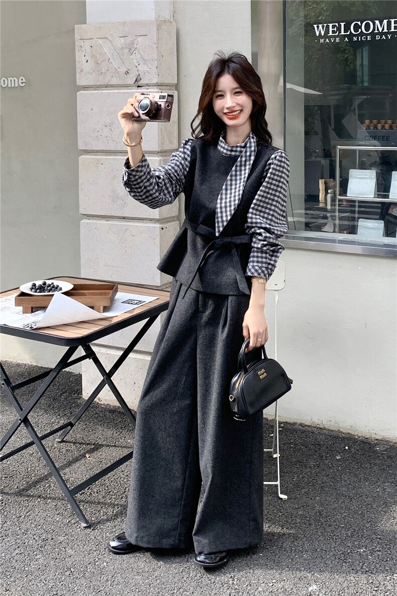 法式优雅气质套装女2025秋新款撞色拼接格纹飘带上衣阔腿裤两件套,女装套装/套裙,2C159