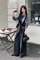 法式优雅气质套装女2025秋新款撞色拼接格纹飘带上衣阔腿裤两件套，女装套装/套裙，2C159