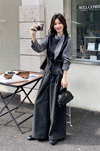 法式优雅气质套装女2025秋新款撞色拼接格纹飘带上衣阔腿裤两件套图片
