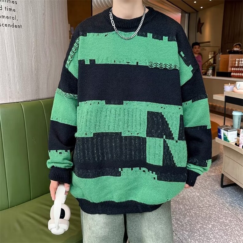 条纹毛衣男秋冬款小众高级感大码针织衫日系慵懒风痞帅宽松毛线衣,男装针织衫/毛衣,星座716-3