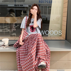 韩版印花短袖撞色格纹半身裙套装女2025夏季新款显瘦学院风两件套，女装套装/套裙，2C203