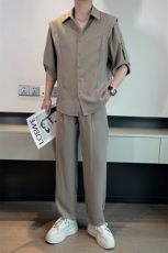 夏季轻熟风高级感冰丝休闲短袖衬衫长裤两件套痞帅套装TZ226-P125，男装T恤，电商B267