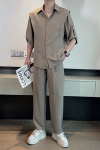 夏季轻熟风高级感冰丝休闲短袖衬衫长裤两件套痞帅套装TZ226-P125图片