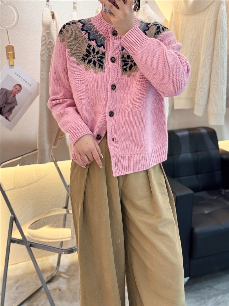 羊绒衫开衫女圆领提花费尔岛外套毛衣宽松上衣,女装羊绒衫,大千羊绒