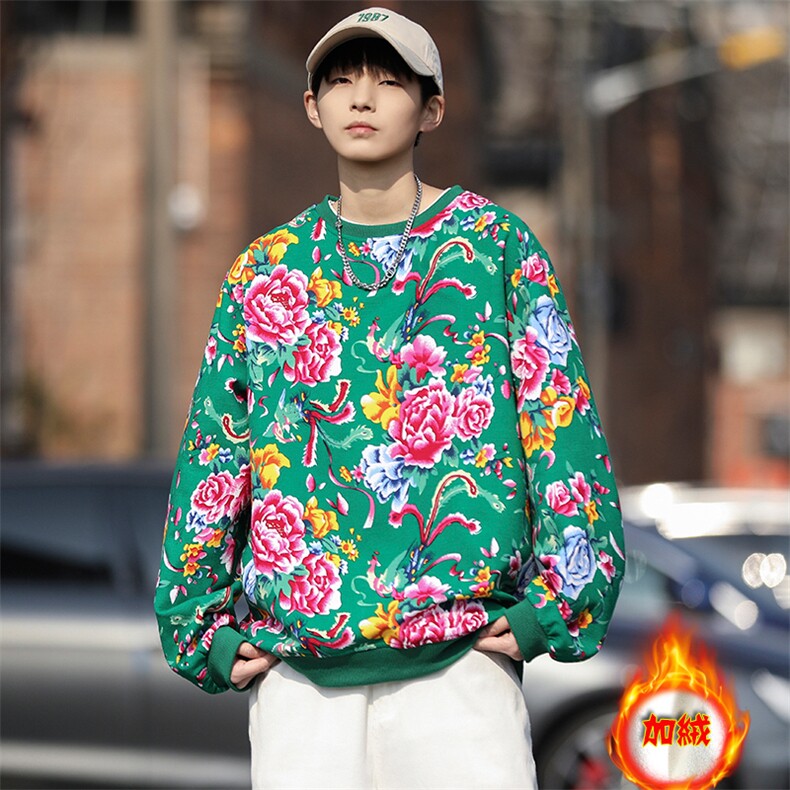 B203冬新套头圆领东北大花风民族特色加绒保暖卫衣小衫男女潮，男装卫衣，星座115A(原星座507）