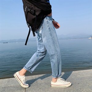 简约九分牛仔裤男宽松直筒裤男韩版百搭休闲裤DS687T图片