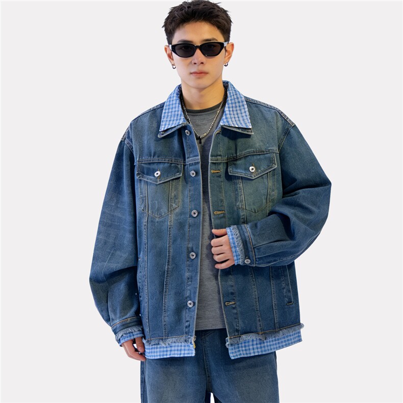 有货。春秋拼接假两件牛仔外套男女cleanfi夹克W6945-P72,男装工装外套,星座412-3