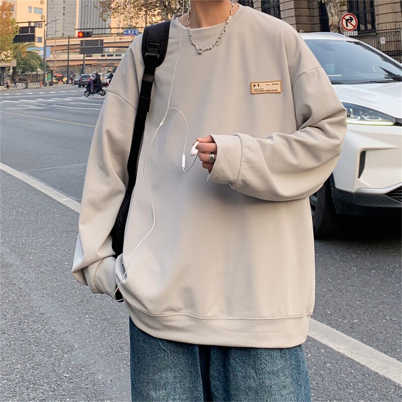 W9017/P35春装新款现货中性风弹弹华夫格T恤卫衣男宽松大码外套图片