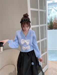 蓝色蝴蝶结开衫毛衣，女装针织衫/毛衣，ceelphy