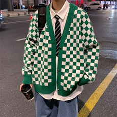 M3125-P85秋装新款潮流棋盘格毛衣男女情侣宽松针织开衫上衣外套，男装针织衫/毛衣，电商A009A（原A058A）