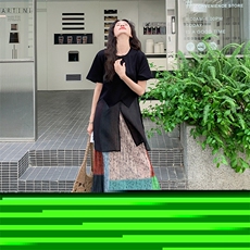日系慵懒风黑色开叉上衣两件套夏季2025新款撞色拼接半身裙套装女，女装套装/套裙，2C029