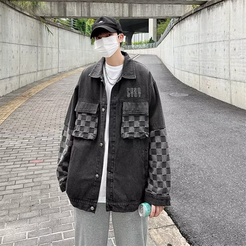 美式棋盘格复古情侣春装牛仔夹克外套男水洗褂衣拼接MB52-P65图片