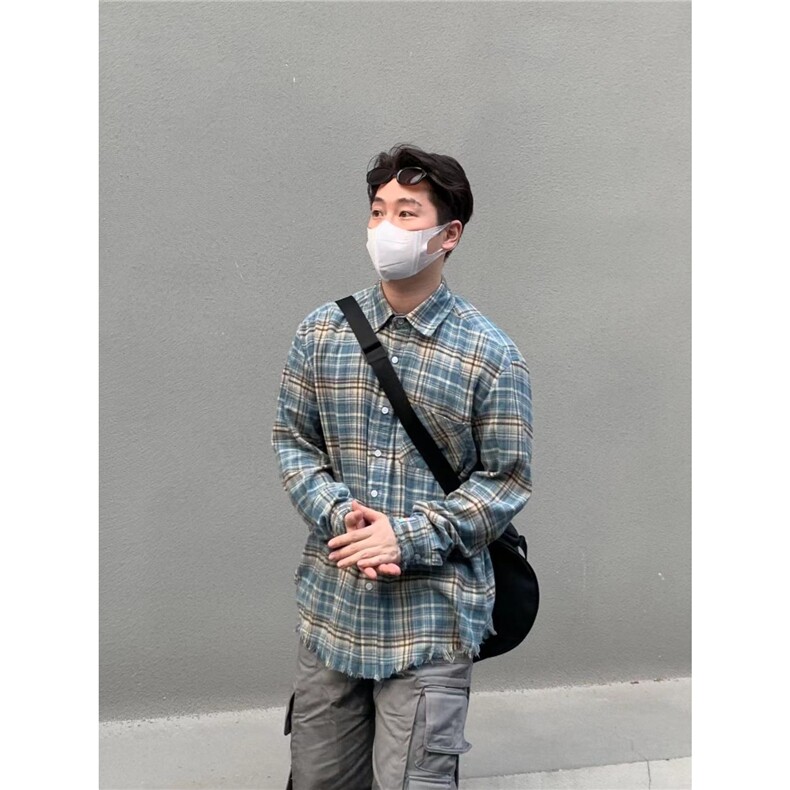 C05-P31美式Cleanfit高街定制破坏边伐木水洗格子长袖衬衫,男装衬衫,电商B323A