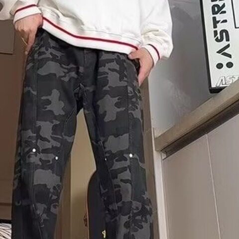 复古迷彩工装牛仔裤男女秋冬季新款裤子宽松直筒阔腿长裤,男装牛仔裤,星座1210-1