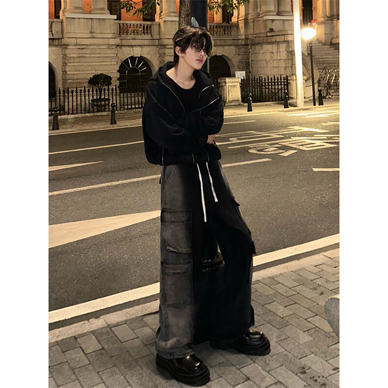 B221美式ins高街重工艺宽松做旧工装牛仔裤子LK23143-P80控108,男装牛仔裤,电商B221