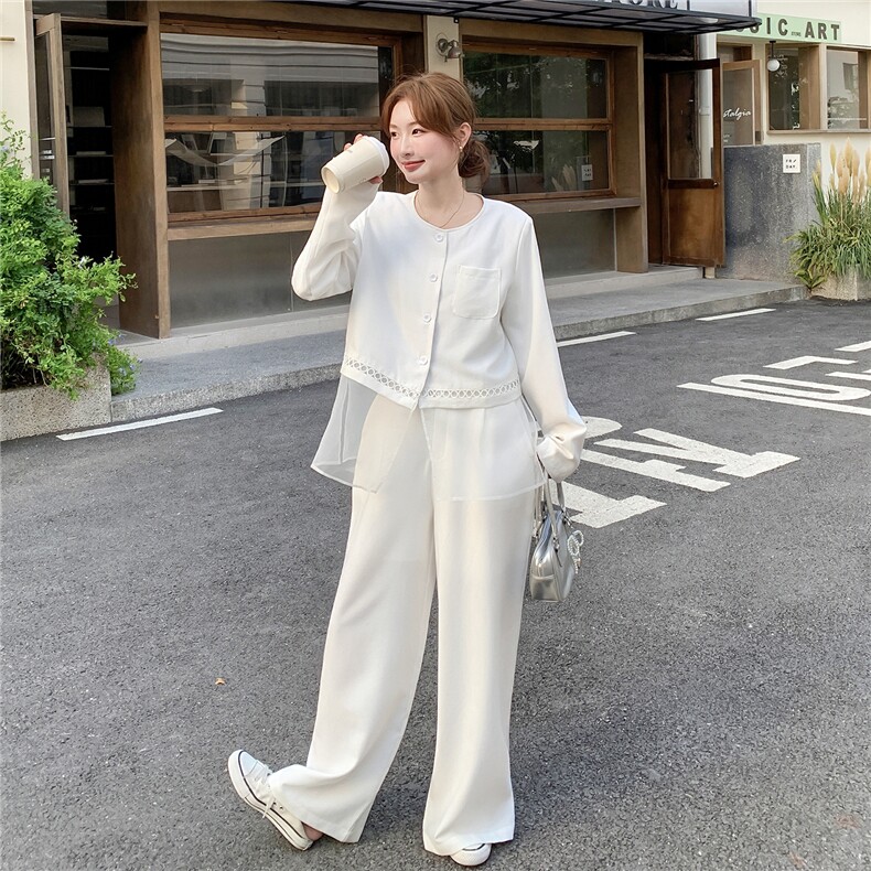 米白色高级感轻熟风假两件西装套装女2025年秋季新款阔腿裤两件套，女装套装/套裙，2D078