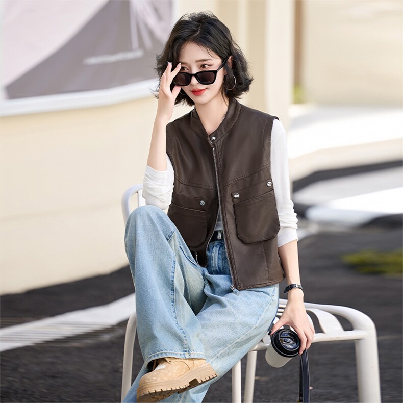 无袖立领2024秋季新款时尚坎肩马夹短款洋气pu皮衣马甲背心外套女,女装马甲,江南女神