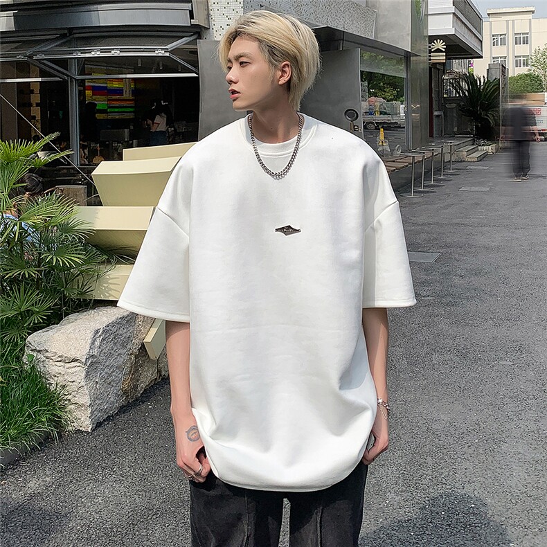 男生麂皮绒纯色重磅短袖潮简约金属标T恤jK23278-特p35-控48,男装T恤,星座605(原A050)