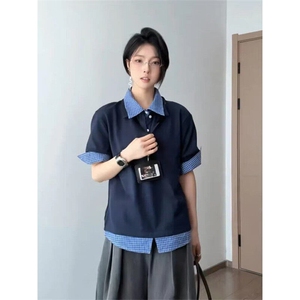 网图现货假两件格纹拼接POLO衫男女夏季短袖T恤 RHT202-P48图片