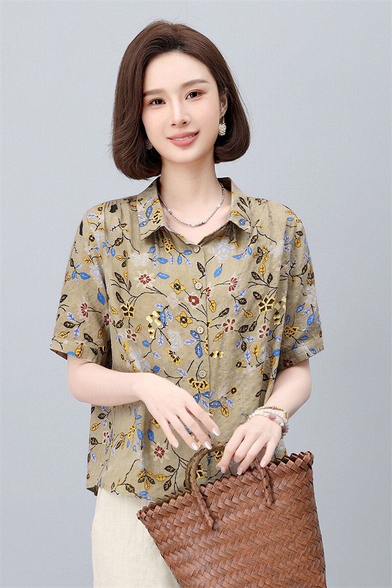 棉麻印花短袖薄款衬衫女2025年夏季新款小个子宽松妈妈遮肚子上衣,女装衬衫,依恋蒂丝