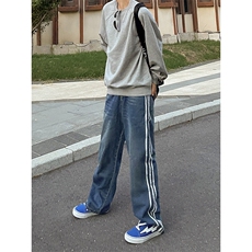 B221美式ins高街小众宽松三条杠运动牛仔裤LK23130-P60控78，男装牛仔裤，电商B221