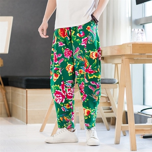 HK31风东北大花宽松裤子九分民族特色牡丹花休闲裤炸街汉装