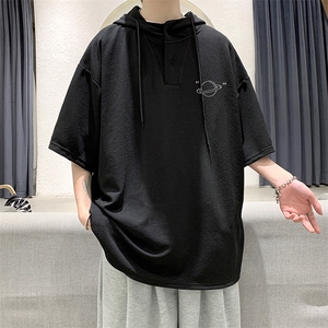 LD54238-P45 连帽短袖t恤男大码胖子带帽五分袖中袖图片