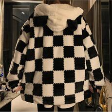 A199-P105棋盘格连帽羊羔毛绒外套秋冬夹棉加厚宽松棉衣棉服，男装棉衣，星座911