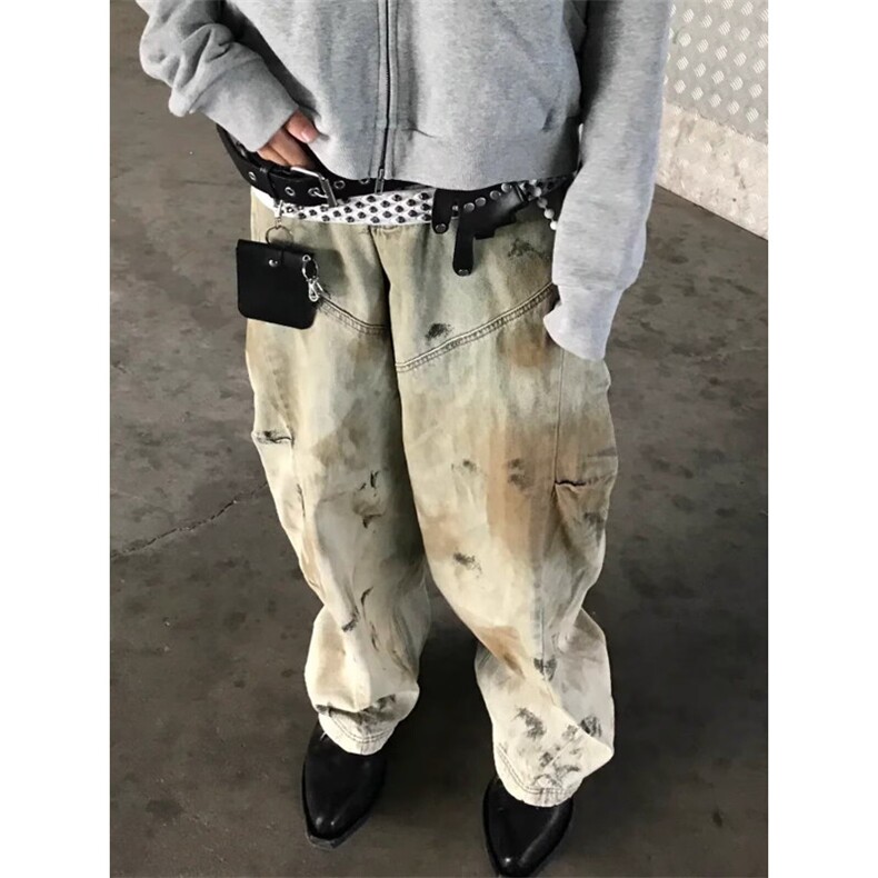 美式复古黄泥染重工脏洗阔腿牛仔裤男女无性别水洗做旧宽松弯刀裤图片