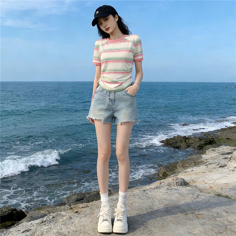 女夏季新款韩版运动休闲套装修身显瘦圆领条纹短袖牛仔短裤两件套,女装套装/套裙,江南