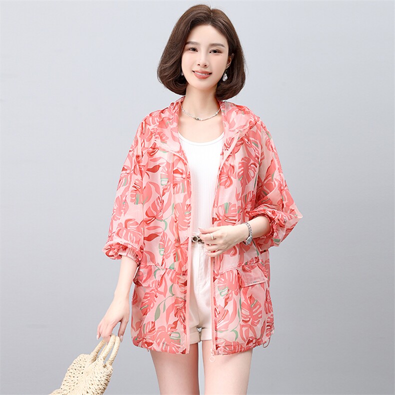 连帽印花中长防晒衫女宽松2026夏季新款松紧腰长袖薄款外套空调衫,女装防晒衣,板酷