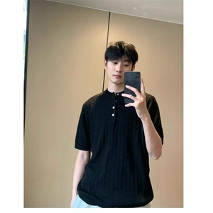 韩版夏季针织纯色套头钮扣短袖上衣男高级感宽松亨利领冰丝图片