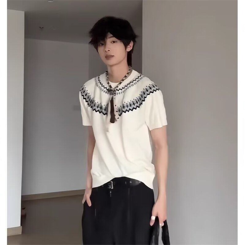 【有货】DTK25-特批40费尔岛提花设计老钱风圆领针织短袖t恤男,男装T恤,星座603-2