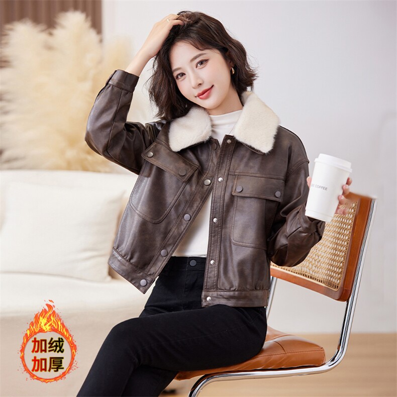 加绒皮衣外套女冬季港风复古机车皮夹克内里獭兔毛派克服短款上衣,女装皮衣,江南女神