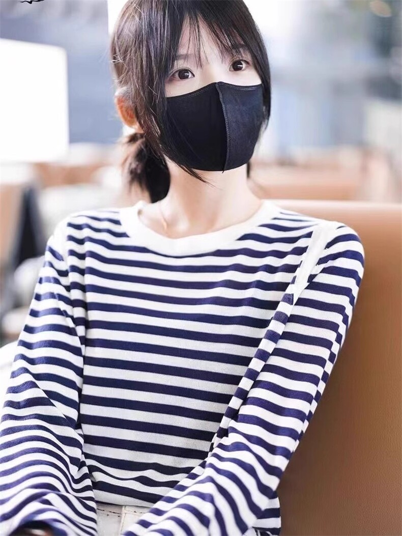 蓝色条纹圆领时尚百搭休闲舒适长袖打底衫,女装T恤,佑昭祥羊绒