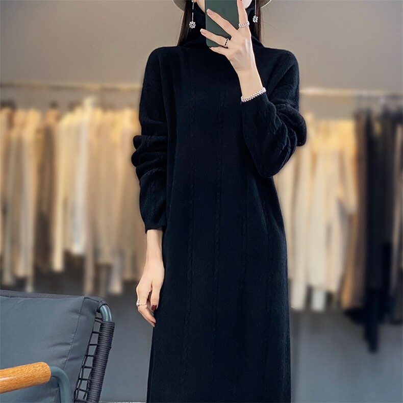 羊毛针织裙时尚麻花中长款连衣裙秋冬新款半高领打底衫,女装连衣裙,蒙莲贝斯