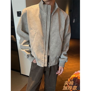 秋季防寒复古拼接立领夹克暗纹棉服皮衣小众秋冬 J785图片