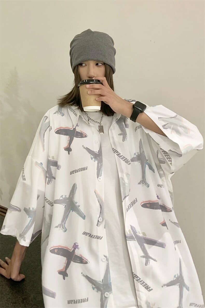 夏季潮流小飞机满印ins衬衫新款冰丝情侣装A071-C35-P38,男装衬衫,电商A071