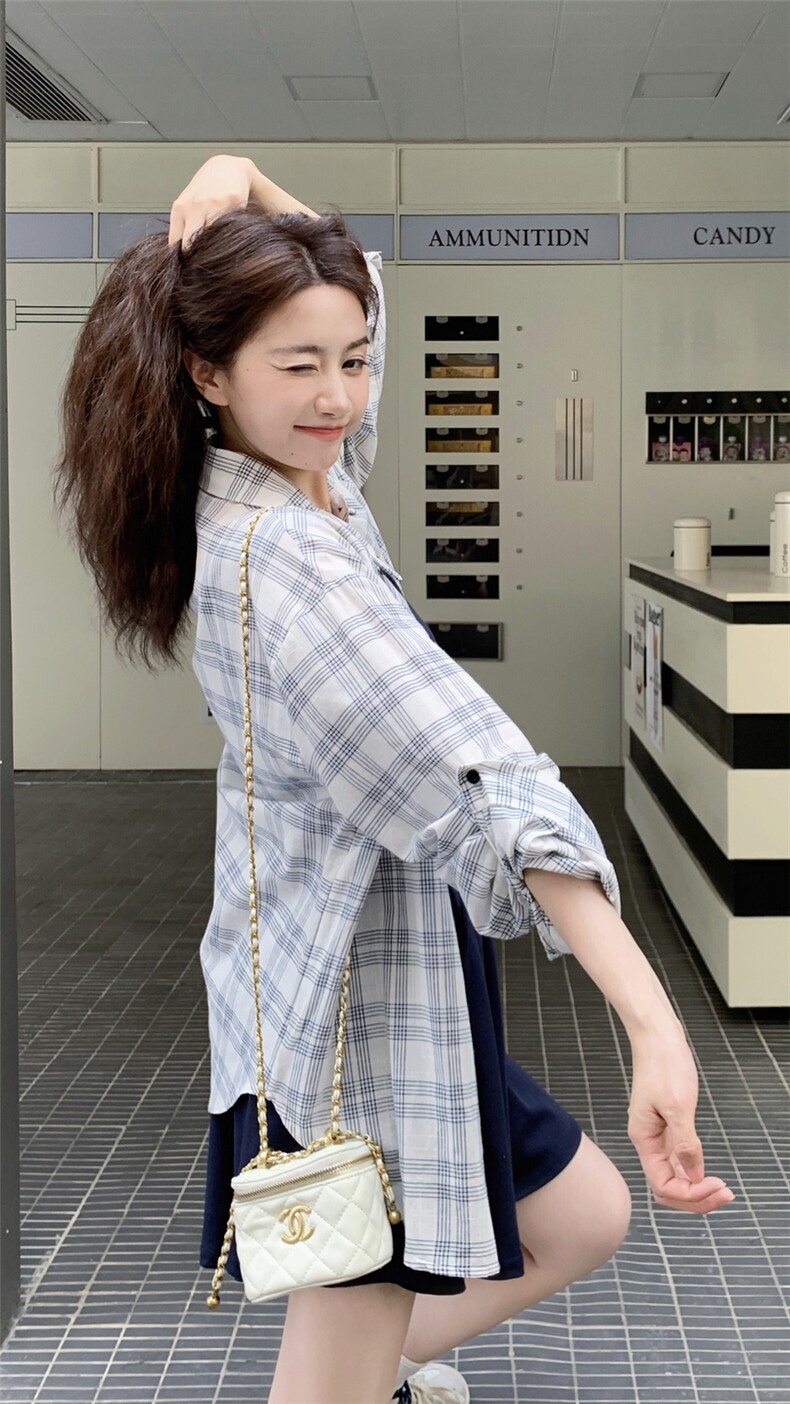 韩系慵懒风格子长袖衬衣背心短裤三件套女夏季新款宽松休闲上衣,女装套装/套裙,2D148