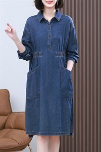 2023春季新款时尚气质翻领收腰显瘦休闲舒适牛仔连衣裙图片