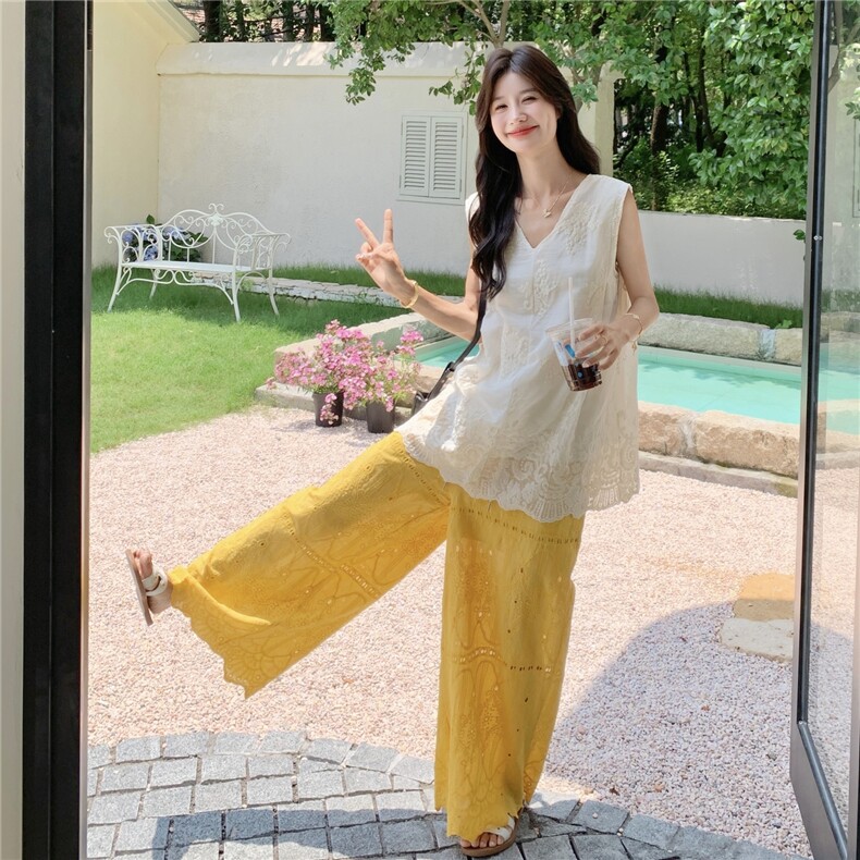 设计感刺绣无袖衬衫套装女2025夏季新款大方得体穿搭阔腿裤两件套,女装套装/套裙,2C232