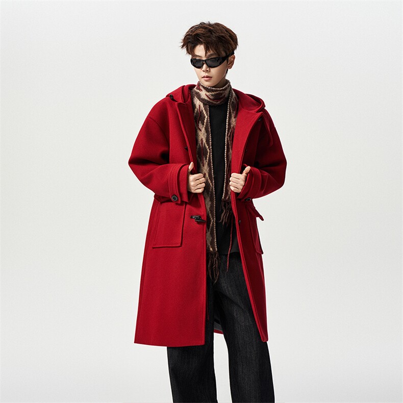 有长图酒红牛角扣连帽毛呢大衣男冬宽松外套MN00706/P125加棉P135，男装毛呢大衣，电商B316
