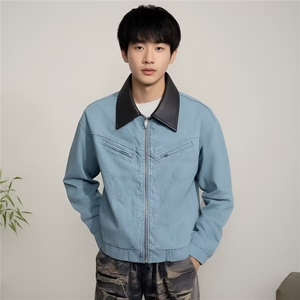 美式复古水洗翻领外套男春秋潮牌cleanfit短款痞帅工装夹克图片