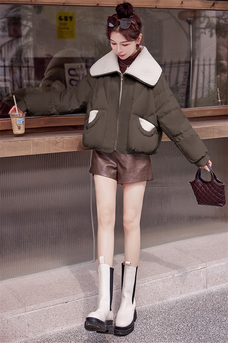 白鸭绒羽绒服女2023冬季新款设计感皮毛一体翻领短款面包服外套潮,女装羽绒服,仟媚宠