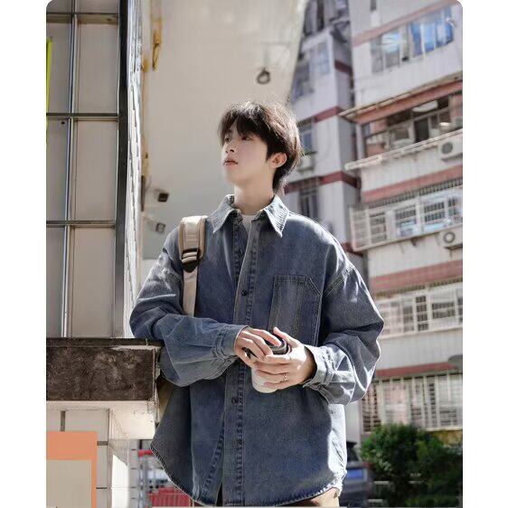 C04-P54美式工装牛仔衬衫男春秋季潮流男生休闲长袖衬衣外套，男装衬衫，电商B323A