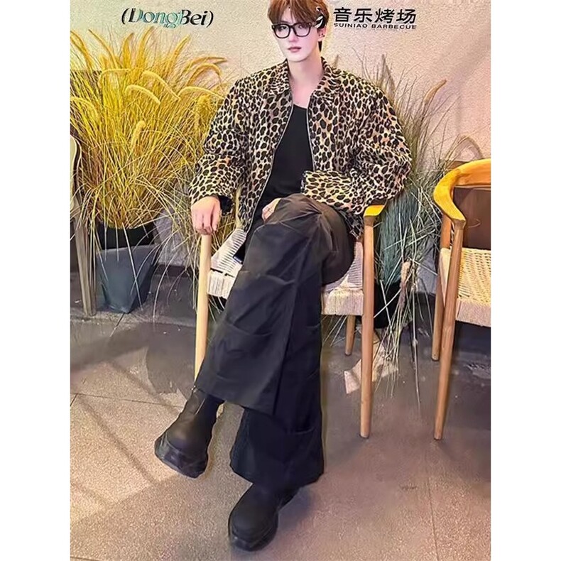 美式豹纹牛仔夹克男2025春季新款小众欧美翻领设计感短款宽松外套,男装工装外套,星座1210-1