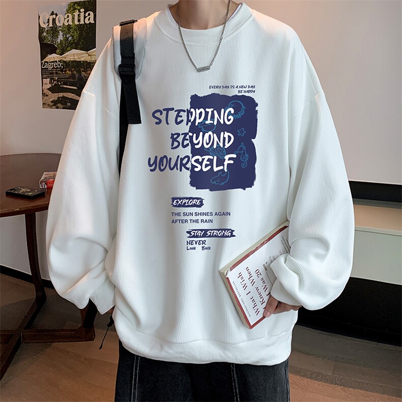 华夫格卫衣圆领卫衣男大码长袖t恤男外套HW76345-P30加绒款-P40，男装卫衣，电商A040